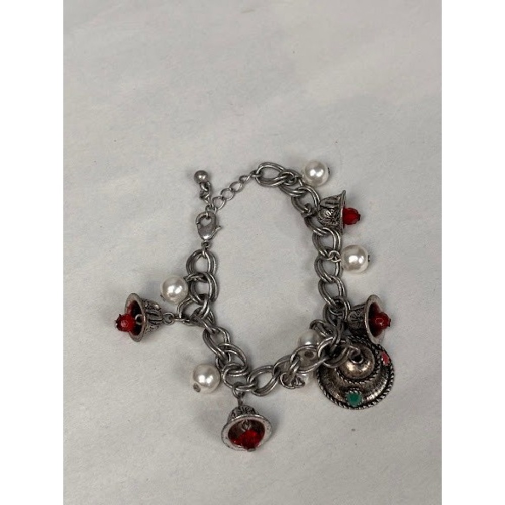 Silver Tone Sombrero Bell Charm Bracelet Faux Pearl Red Crystal Accents 8.5in
